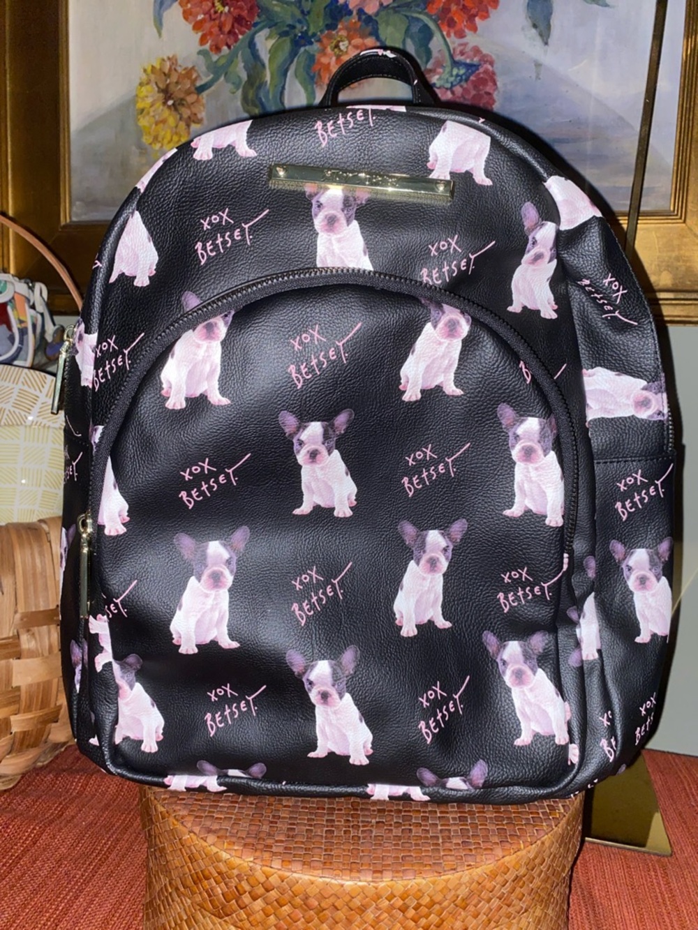 Betsey Johnson Black Backpack with Pink & White Puppy Print